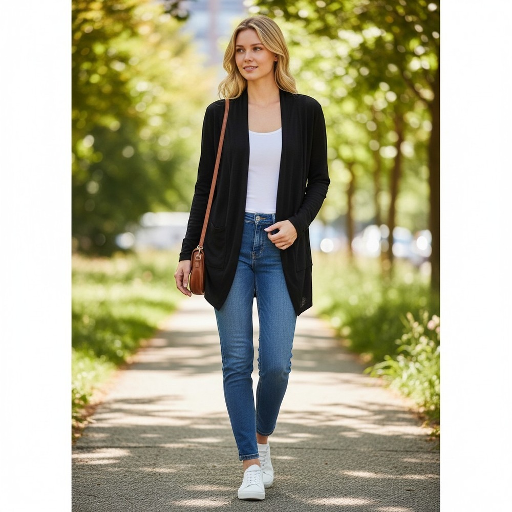 August Silk Womens Black Open Front Draped Shawl Collar Cardigan Sweater Size M